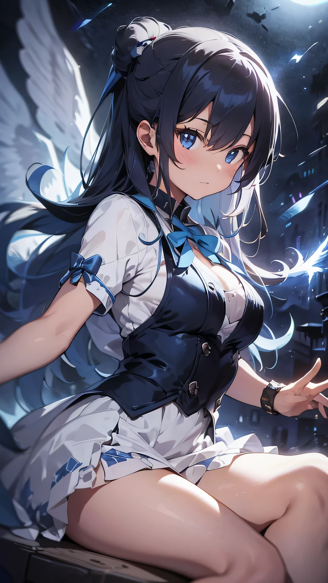 最high quality、best image quality、masterpiece、age girl((18-year-old、 By becoming、vest bust、medium bust,wide open breast tea、black eye, gray hair、long hair、thin,highest valley、Love of the Universe、Cosmic dress、sit、open your legs、Bad attitude)),high quality、beautiful art、background((glowing chair,Lunar surface、Mysterious space、dancing white wings、glowing laser))debris flies、Depth of written boundary、movie、visual art、perfect art、8K,genuine