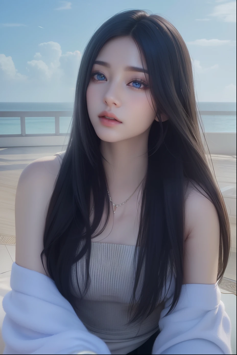 Beautiful big breastokeh), indoors, detailed luxury living room, gentle and charming beautiful goddess, Korean(kpop-idol), solo, necklace, oval face, double eyelids, smart, good hands, good feet, Natural, (from below angle), (glossy skin:1.05), ((low angle)), Perfect figure, (64k, UHD, RAW photo, best quality, masterpiece:1.4), (realistic, photo-realistic:1.37), ultra high res, photon mapping, radiosity, physically-based rendering, professional soft lighting, blue eyes, purpel hair