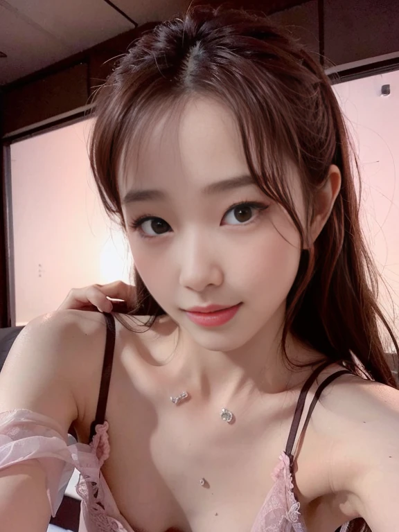 top-quality、Beautiful Women、Raw photo、Slender Abs 、dark brown hair、lyin in bed、hyperdetailed face、very detailed lips、A detailed eye、Pink see-through lingerie、Chest exposed、sexypose、a smile、small breast, flat chest