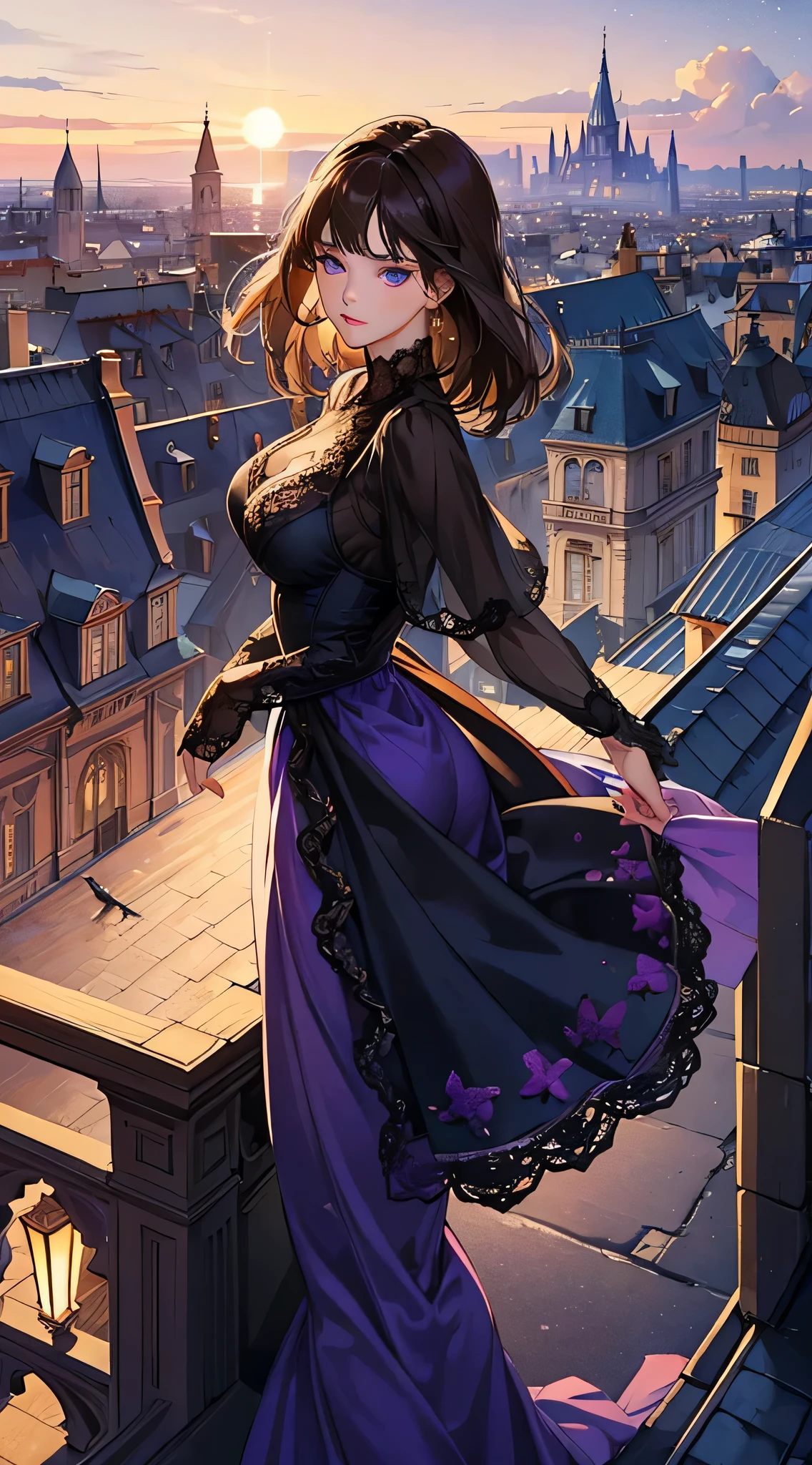 ((midnight, best quality, 8k, masterpiece :1.3)), whole body, long legs, sharp focus :1.2, Beautiful doll style woman,European style clothing,Imperial Princess,Perfect body :1.4, slim abs :1.1, ((dark brown hair, big breasts :1.2)), (Purple lace dress, Everlasting:1.2), ((European city night view, roof:1.3)), Highly detailed facial and skin textures, exquisite eyes, double eyelids