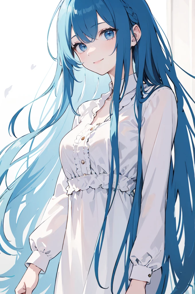 (masterpiece), (best quality), (ultra detailed),(dishevelled hair),(illustration), long hair (straight hair) very straight hair, standing, Fashion model (emo clothes), looking at viewer, (interview), (casual background),beautiful blue eyes, delicate beautiful face, ,(high saturation),(colorful splashes),(shining), blue hair (shining), bangs, best lighting, best shadow. smiling. medium breast. neat hairstyle down