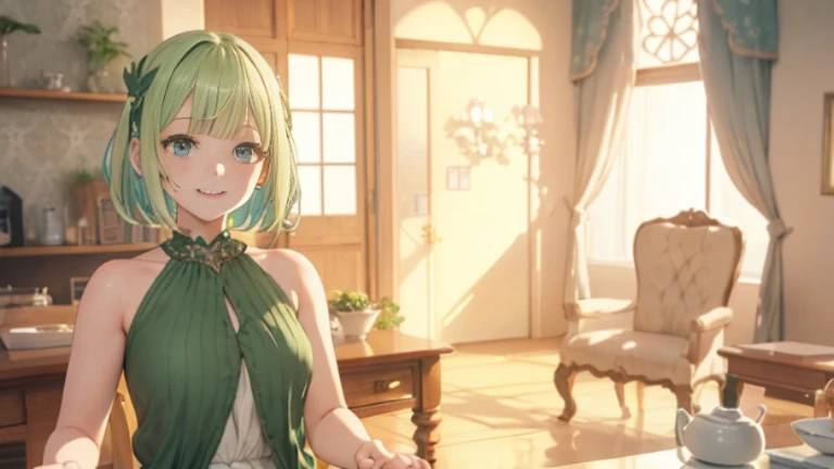giving smile to the camera , anime - style image of a woman in a green dress standing in a room, beautiful screenshot, stylized anime, atelier lulua, smooth anime cg art, anime styled 3d, close up character, render of a cute 3d anime girl, final fantasy 14 style, style game square enix, fashion gameplay screenshot, anime stylized, main character short hair , laughter , short hair , beautiful bangs , Shining white skin, Flow of hair that extends to the face , bangs between eyeliner hair , High resolution , beauty eyes, Bright and clear, Big light blue eyes shine charmingly , green one piece , eyeliner,(Ultra Real), (figure), (High resolution), (In 8K), (very detailed), (Best figure), (Beautiful quality with attention to detail), (super detailed), (table top), (wallpaper), (detailed face), drooling eyes,upper body up, alone,