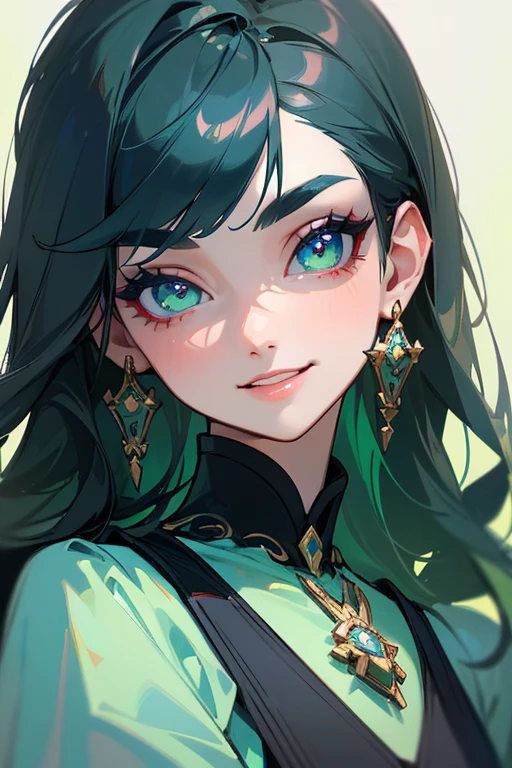 (highest quality, masterpiece:1.2), High resolution, Super detailed, realistic:1.37, fantasy, An illustration, green eyes、Blue and white dress、Platinum decoration、beautifully、Eyeshadow Red、dark eyebrows、long eyelashes、Pupils are black、Hair is light green、smile showing teeth、