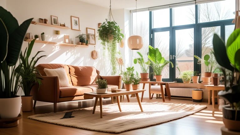tin,no humans,landscape,window,Couch,(Large coffee table,)indoors,wooden floor,carpet,potted plant,Sunlight,floor,sky, \(目of\),soft pads,shadow,of,8K ultra-clear