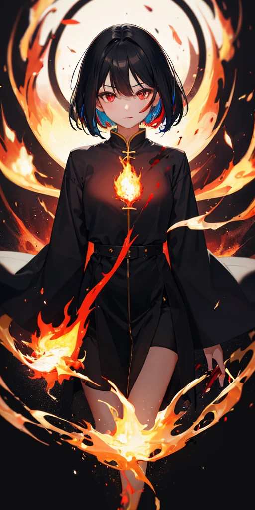 1 girl, black hair, red eyes, Fire Witch, Blood, light particles, light, wallpaper, high contrast, rich and colorful,背景巨大Bloodred eyes
