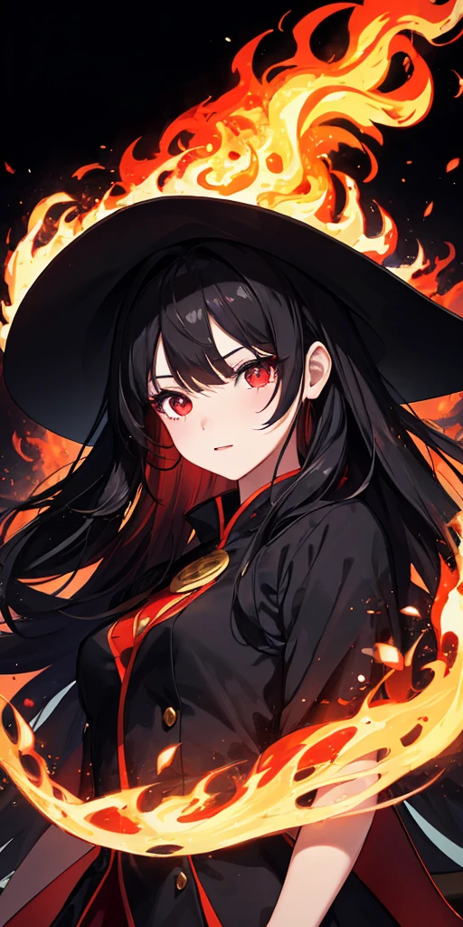 1 girl, black hair, red eyes, Fire Witch, Blood, light particles, light, wallpaper, high contrast, rich and colorful,背景巨大Bloodred eyes