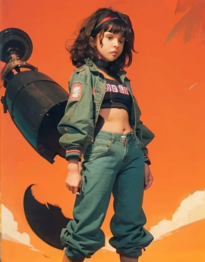 woman. Morocha. Short stature. Cabello negro con dos colitas. Cuerpo delgado. Buen cuerpo campera recortada. Abdomen desnudo. Hip pants. Pierna gruesas.