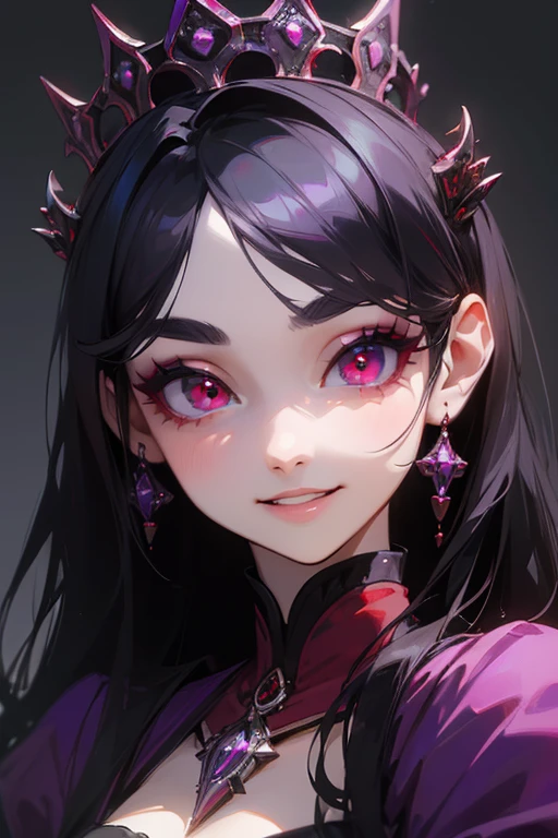 (highest quality, masterpiece:1.2), High resolution, Super detailed, realistic:1.37, fantasy, An illustration, red eyes, Queen, purple dress.Platinum decoration、beautifully、Eyeshadow Red、dark eyebrows、long eyelashes、Pupils are black、Hair is short、smile showing teeth