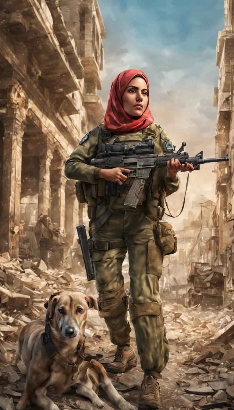 A beautiful female Palestine soldier with hijab uniform carrying submachine weaponry, insanely detailed and intricate background city ruin scene with some other characters and objects, a masterpiece cinematic photo realistic illustration of color comic maestro Don Lawrence, super detailed, high resolution, full vibrant color, volumetric lighting, octane render, octane lighting