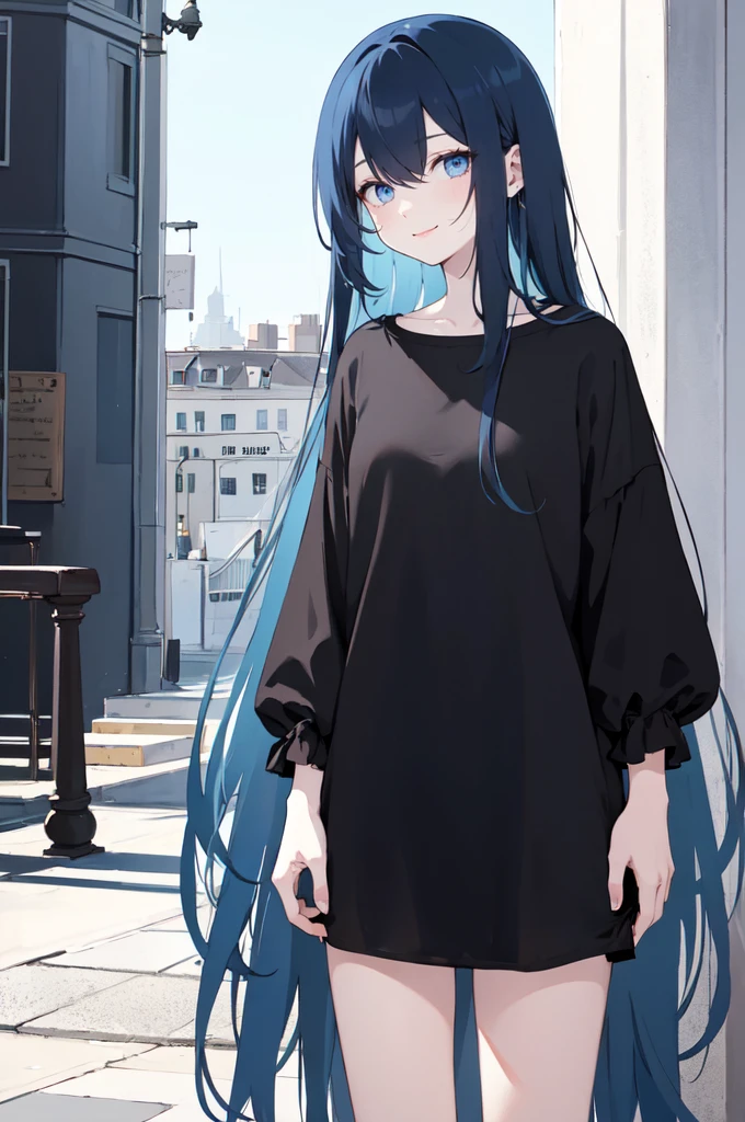 (masterpiece), (best quality), (ultra detailed),(dishevelled hair),(illustration), long hair (straight hair) very straight hair, standing, Fashion model (emo dark black clothes), looking at viewer, (interview), (casual background),beautiful blue eyes, delicate beautiful face, ,(high saturation),(colorful splashes),(shining), blue hair (shining), bangs, best lighting, best shadow. smiling. medium breast. neat hairstyle down