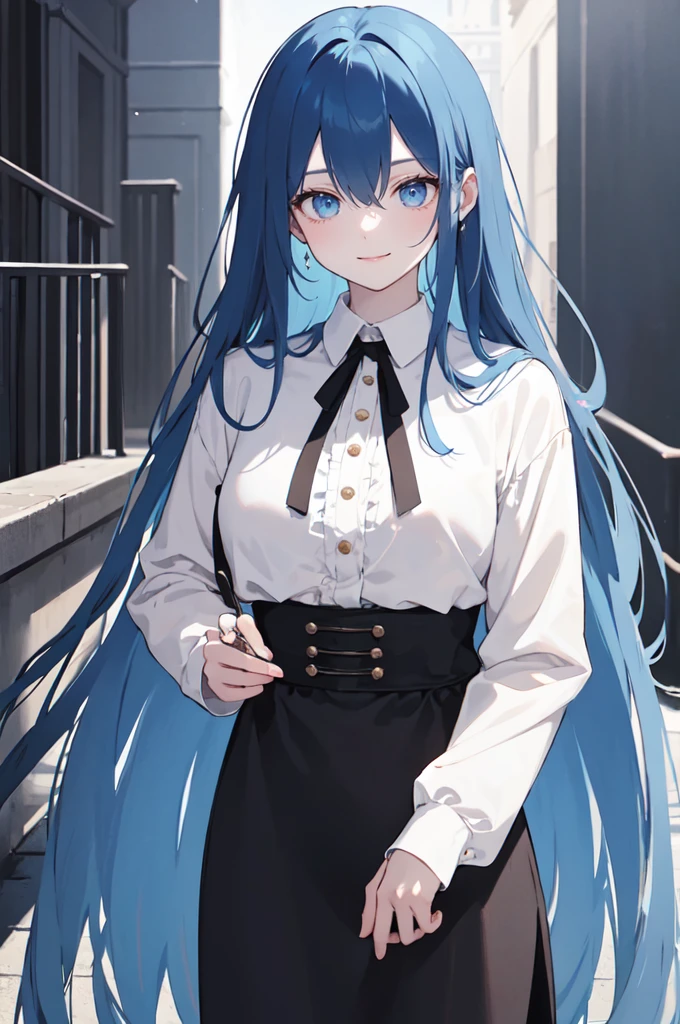 (masterpiece), (best quality), (ultra detailed),(dishevelled hair),(illustration), long hair (straight hair) very straight hair, standing, Fashion model (emo dark black clothes), looking at viewer, (interview), (casual background),beautiful blue eyes, delicate beautiful face, ,(high saturation),(colorful splashes),(shining), blue hair (shining), bangs, best lighting, best shadow. smiling. medium breast. neat hairstyle down
