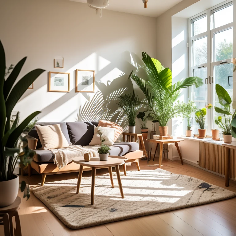 tin,no humans,plant,window,Tree,Couch,(Large coffee table,)indoors,wooden floor,carpet,Sunlight,floor,sky, \(目of\),soft pads,shadow,of,8K ultra-clear
