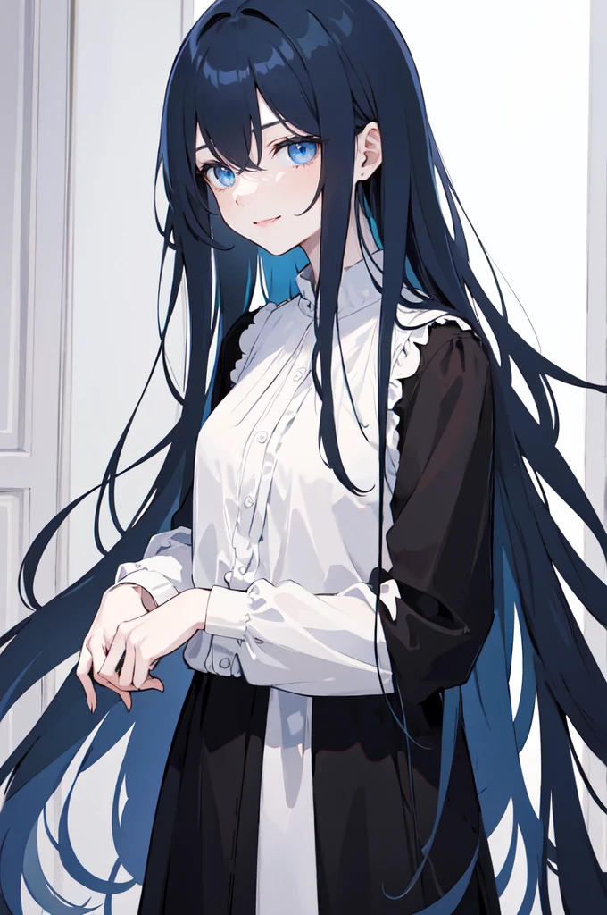 (masterpiece), (best quality), (ultra detailed),(dishevelled hair),(illustration), long hair (straight hair) very straight hair, standing, Fashion model (emo dark black clothes), looking at viewer, (interview), (casual background),beautiful blue eyes, delicate beautiful face, ,(high saturation),(colorful splashes),(shining), blue hair (shining), bangs, best lighting, best shadow. smiling. medium breast. neat hairstyle down