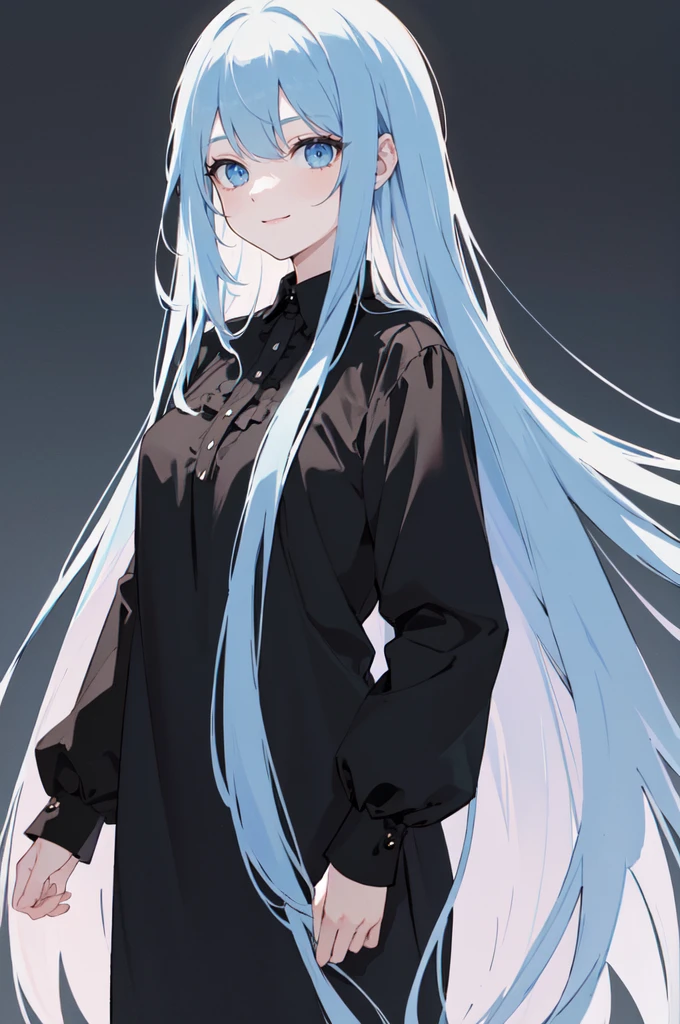 (masterpiece), (best quality), (ultra detailed),(dishevelled hair),(illustration), long hair (straight hair) very straight hair, standing, Fashion model (emo dark black clothes), looking at viewer, (interview), (casual background),beautiful blue eyes, delicate beautiful face, ,(high saturation),(colorful splashes),(shining), blue hair (shining), bangs, best lighting, best shadow. smiling. medium breast. neat hairstyle down