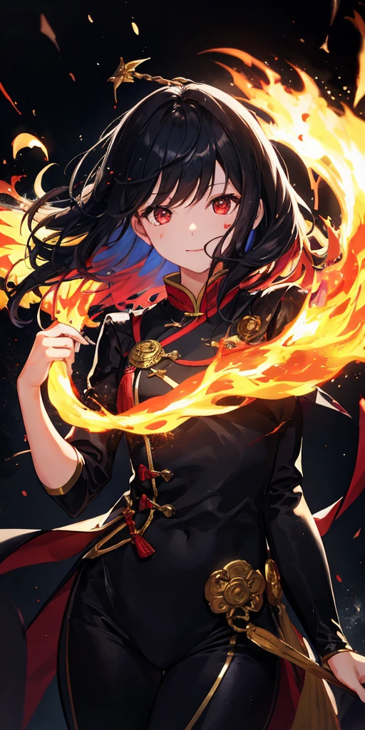 1 girl, black hair, red eyes, Fire Witch, Blood, light particles, light, wallpaper, high contrast, rich and colorful,背景巨大Blood红写轮眼