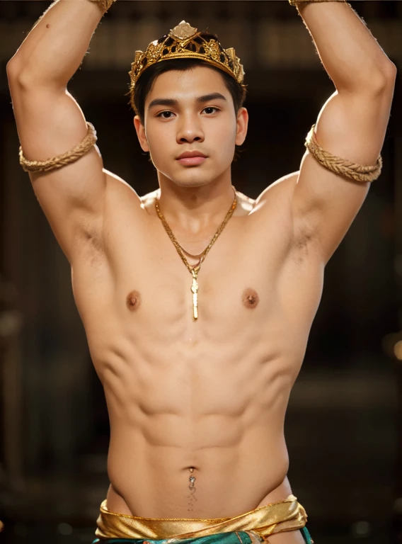 hyper realistic oil painting of a male, age 18, handsome indonesian men, face [Rangga aadc: zayyan xodiac: 0.5], wear rope harness, two large wings, [by Alphonse Mucha: john william waterhouse: Charles Dana Gibson: charlie bowater: 0.6], natural red lips, small moustache, fierce look, fit body, bare chest, detailed face, detailed physique, abdominal muscles, well built bodybuilder, macho, oily body, detailed feathers, wear gold head band, gold shoulder band, gold necklace, gold crown, wear g-string, hair bund, long-haired, Real texture, sarong batik, sharp focus, highly detailed, artstation, cgsociety, bokeh background in the pond garden full of rose flower, decorative art deco, symmetrical, acurate, 16, rococo style, character design, cinematic lighting, drop shadow, blending, backlighting, glowing light, sparkle, depth of field, reflection light, high detail, best quality, masterpiece, super detail, high details, uhd, highres, textured skin, anatomically correct, award winning,