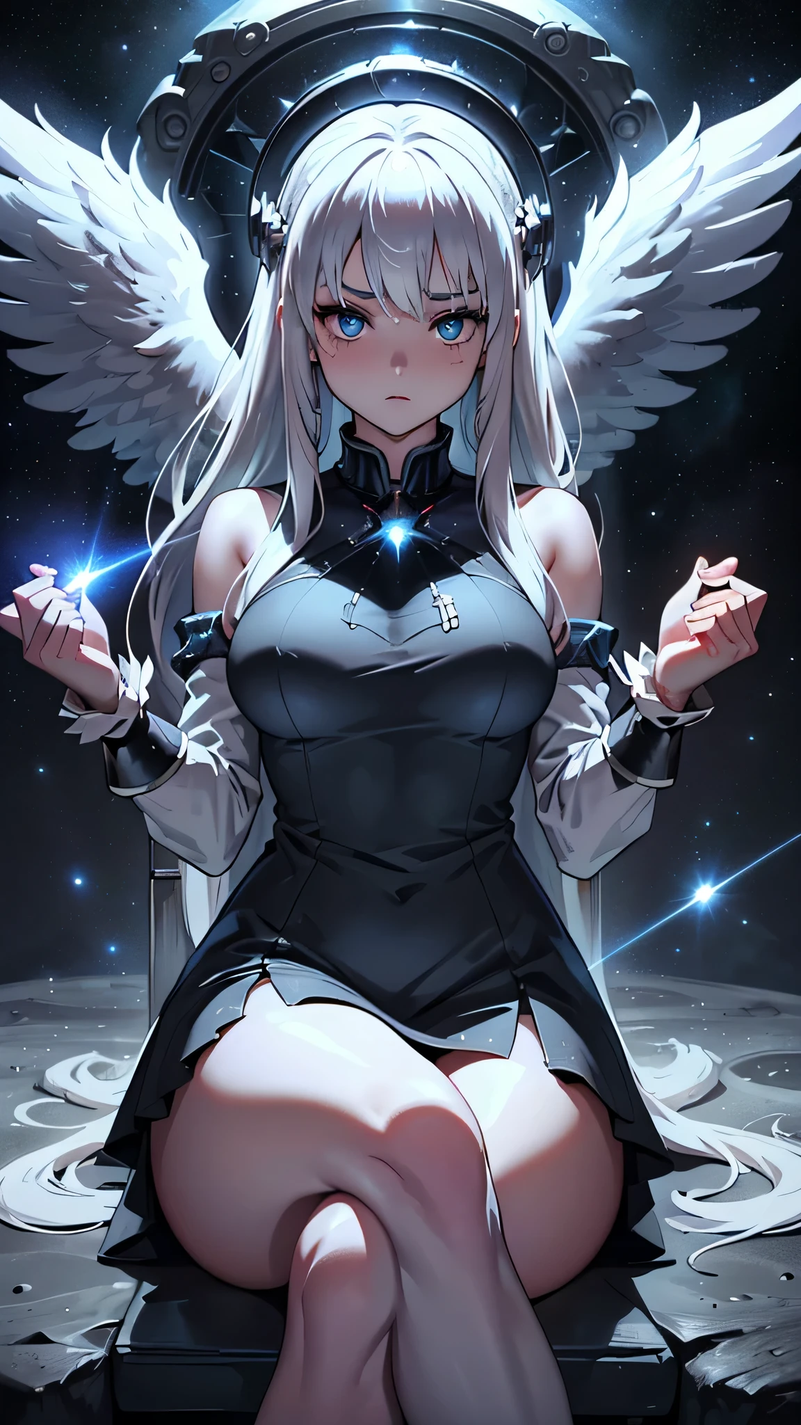 最high quality、best image quality、masterpiece、teenage girl((18-year-old、 By becoming、vest bust、medium bust,wide open breast tea、black eye, gray hair、long hair、thin,highest valley、Love of the Universe、Cosmic dress、sit、open your legs、Bad attitude)),high quality、beautiful art、background((glowing chair,Lunar surface、Mysterious space、dancing white wings、glowing laser))debris flies、Depth of written boundary、movie、visual art、perfect art、8K,genuine