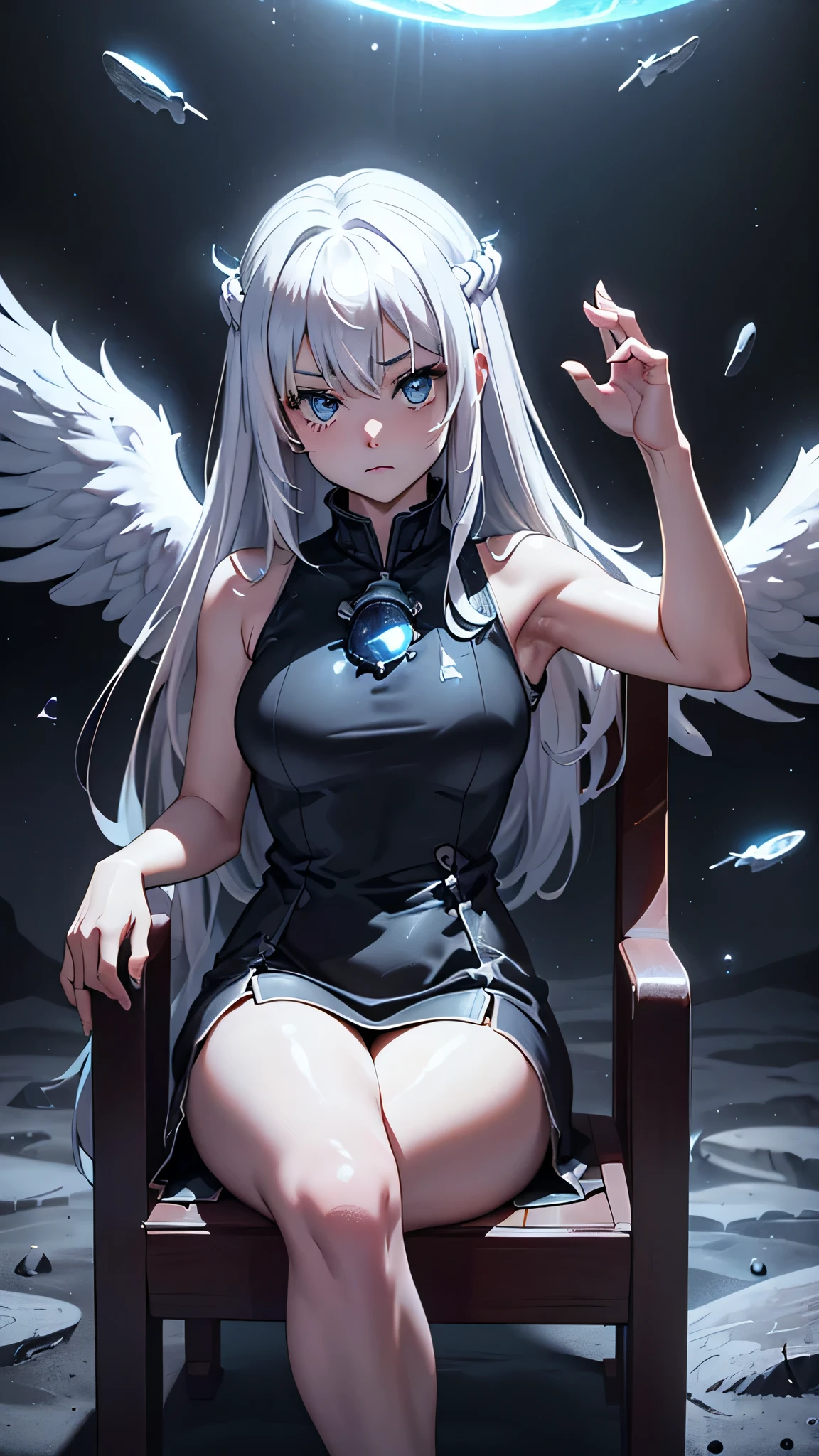 最high quality、best image quality、masterpiece、teenage girl((18-year-old、 By becoming、vest bust、medium bust,wide open breast tea、black eye, gray hair、long hair、thin,highest valley、Love of the Universe、Cosmic dress、sit、open your legs、Bad attitude)),high quality、beautiful art、background((glowing chair,Lunar surface、Mysterious space、dancing white wings、glowing laser))debris flies、Depth of written boundary、movie、visual art、perfect art、8K,genuine