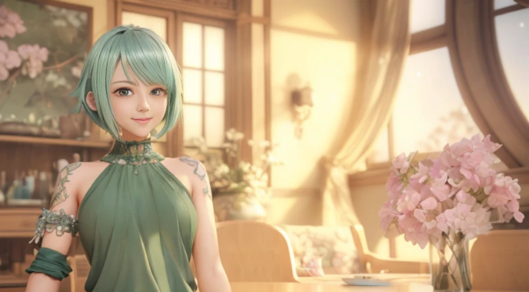 giving smile to the camera , sexy , anime - style image of a woman in a green dress standing in a room, beautiful screenshot, stylized anime, atelier, smooth anime cg art, anime styled 3d, close up character, render of a cute 3d anime girl, final fantasy 14 style, style game, fashion gameplay screenshot, anime stylized, main character short hair , laughter , short hair , beautiful bangs , Shining white skin, Flow of hair that extends to the face , bangs between eyeliner hair , High resolution , beauty eyes, Bright and clear, Big light blue eyes shine charmingly , green one piece , eyeliner,(Ultra Real), (figure), (High resolution), (In 8K), (very detailed), (Best figure), (Beautiful quality with attention to detail), (super detailed), (table top), (wallpaper), (detailed face), drooling eyes , upper body up, alone,