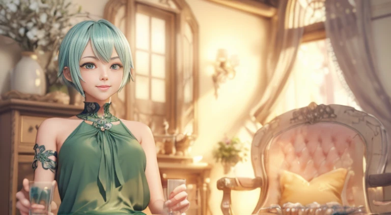 giving smile to the camera , sexy , anime - style image of a woman in a green dress standing in a room, beautiful screenshot, stylized anime, atelier, smooth anime cg art, anime styled 3d, close up character, render of a cute 3d anime girl, final fantasy 14 style, style game, fashion gameplay screenshot, anime stylized, main character short hair , laughter , short hair , beautiful bangs , Shining white skin, Flow of hair that extends to the face , bangs between eyeliner hair , High resolution , beauty eyes, Bright and clear, Big light blue eyes shine charmingly , green one piece , eyeliner,(Ultra Real), (figure), (High resolution), (In 8K), (very detailed), (Best figure), (Beautiful quality with attention to detail), (super detailed), (table top), (wallpaper), (detailed face), drooling eyes , upper body up, alone,