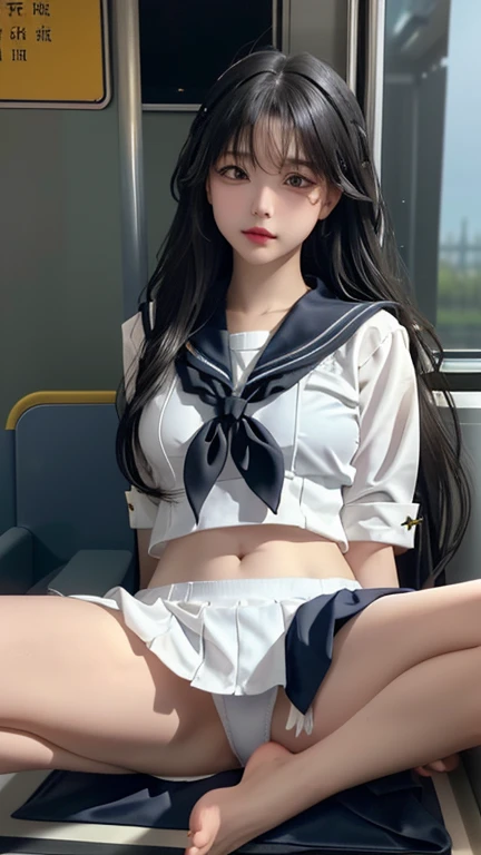 play sports often, long hair、(sailor suit:1.4)、(Navel exposed:1.2)、(barefoot:1.1)、No panties, (Cyberpunk settings: 1.2), compensate,, (1 girl: 1.4), highest quality, masterpiece, (reality: 1.2), young woman, lady, detailed face, fine eyes,(black hair)、fine hair, fine skin, looking at the viewer, dramatic, vibrant, sharp focus, 50mm, f1.2, EOS R8, (3/4 body: 1.2), (Inside the train in the background: 1.6), (highest qualityの詳細: 1.2), 8K HD,(spread legs:1.4)