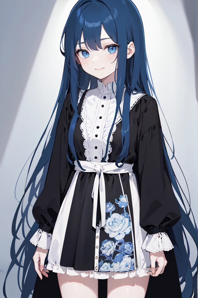 (masterpiece), (best quality), (ultra detailed),(dishevelled hair),(illustration), long hair (straight hair) very straight hair, standing, Fashion model (emo dark black clothes), looking at viewer, (interview), (casual background),beautiful blue eyes, delicate beautiful face, ,(high saturation),(colorful splashes),(shining), blue hair (shining), bangs, best lighting, best shadow. smiling. medium breast. neat hairstyle down