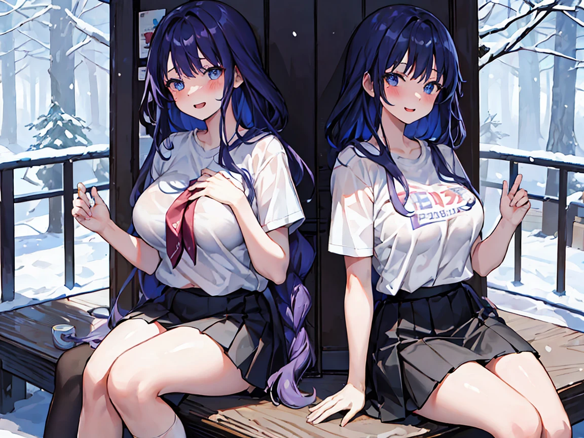 beautiful，official art，Excellent texture，8k，masterpiece，best quality，完美的detail，1 female high school student，Lovely，Smile，Shy，care，blush，open your mouth，detail，huge breasts，Transparent super short white T-shirt，You can see the complete chest，Sheer miniskirt，Use your hands to lift your shirt，Show your whole beautiful belly，beautiful大腿，Detailed fingers，Sit on the snow，Bend and spread your legs，on snowy mountains，In the woods，white snow，blue sky