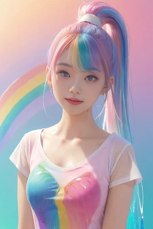 White background、(Pink fashion T-shirt:1.9)、(colourful hair:1.8)、(all the colours of the rainbow:1.8)、((((Vertical Painting:1.6)))、(painterly:1.6)、frontage、comic strip、illustratio、painterly、big eye、Sheer eyes、(Iridescent gradient high ponytail:1.7)、Exquisite makeup、(Small fresh:1.5)、(Wipe Chest:1.6)、long eyeslashes、White off-the-shoulder T-shirt、White shoulder shirt、large watery eyes、(rainbow-colored hair:1.6)、color splashes, (独奏:1.8), color splashes, Color explosion, Thick paint style,  ((SHINES)), colourfull, (Splash) (color splashes), Vertical Painting, The upper part of the body, paint splashes, Acrylic Pigment, gradients, paint, (elegent: 1.2), Gorgeous,length hair, the wind, (elegent: 1.3), (flower petals:1.4)、(((​masterpiece)))、(((top-quality)))、((ultra-detailliert))、(illustratio)、(dynamic ungle)、((Planktonic))、(paint)、((dishevled hair))、(独奏)、(1girl in)、((beautifull detailed face))、bare shoulders​、((colourful hair))、(((striated hair))、beatiful detailed eyes、(Gradient color eyes)、(((Colorful eyes))))、((((a high chroma))))、(((Surrounded by colorful splashes)))、Beautie、cute little、独奏、A Japanese Lady。15yo student、hi-school girl、a smile。Beautiful young woman model。bright expression、photorealisim、Extraordinary beautiful girl、beautiful expression、(pureerosface)、Glowing white shiny skin、Light Brown Straight Hair、finer hair、Attractive beautiful brown eyes、Double eyelids、、fashionGirl。Wears a white shirt。Close-up portrait。Healthy face。Skin Care Cosmetics、profetional lighting。