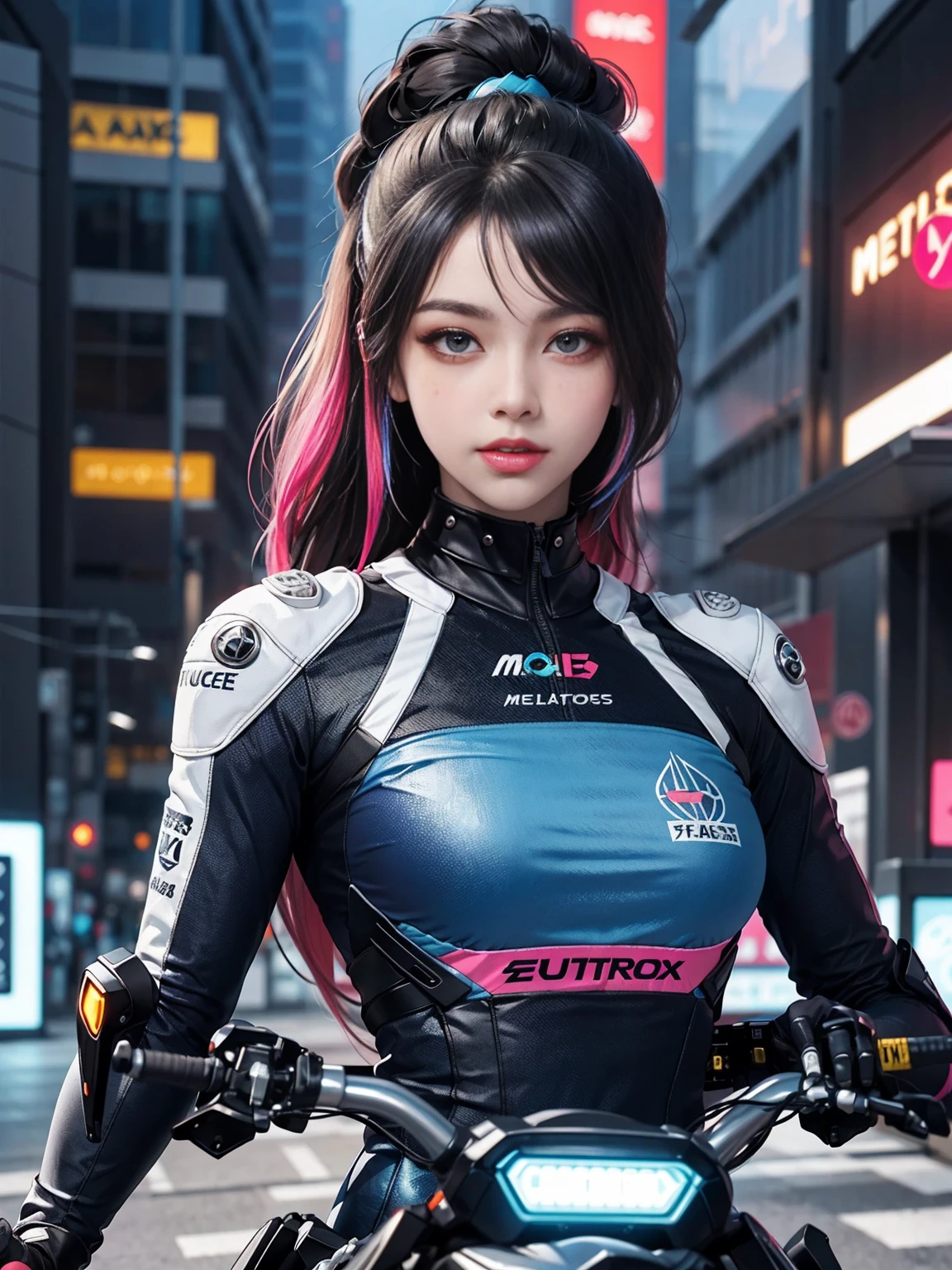 obra de arte, melhor qualidade, Garota cyberpunk confiante, Tiro de corpo inteiro, ((Fique na frente da motocicleta)), Trajes populares no estilo Harajuku, bold colors and patterns, attractive accessories, penteado moderno e inovador, maquiagem vibrante, A deslumbrante paisagem urbana de Cyberpunk, sky scraper, Placas de neon, Luzes LED, esquema de cores vivas e brilhantes, anime peito grande, illustration, textura detalhada da pele, textura detalhada de pano, lindo rosto detalhado, detalhes intrincados, ultra detalhado.