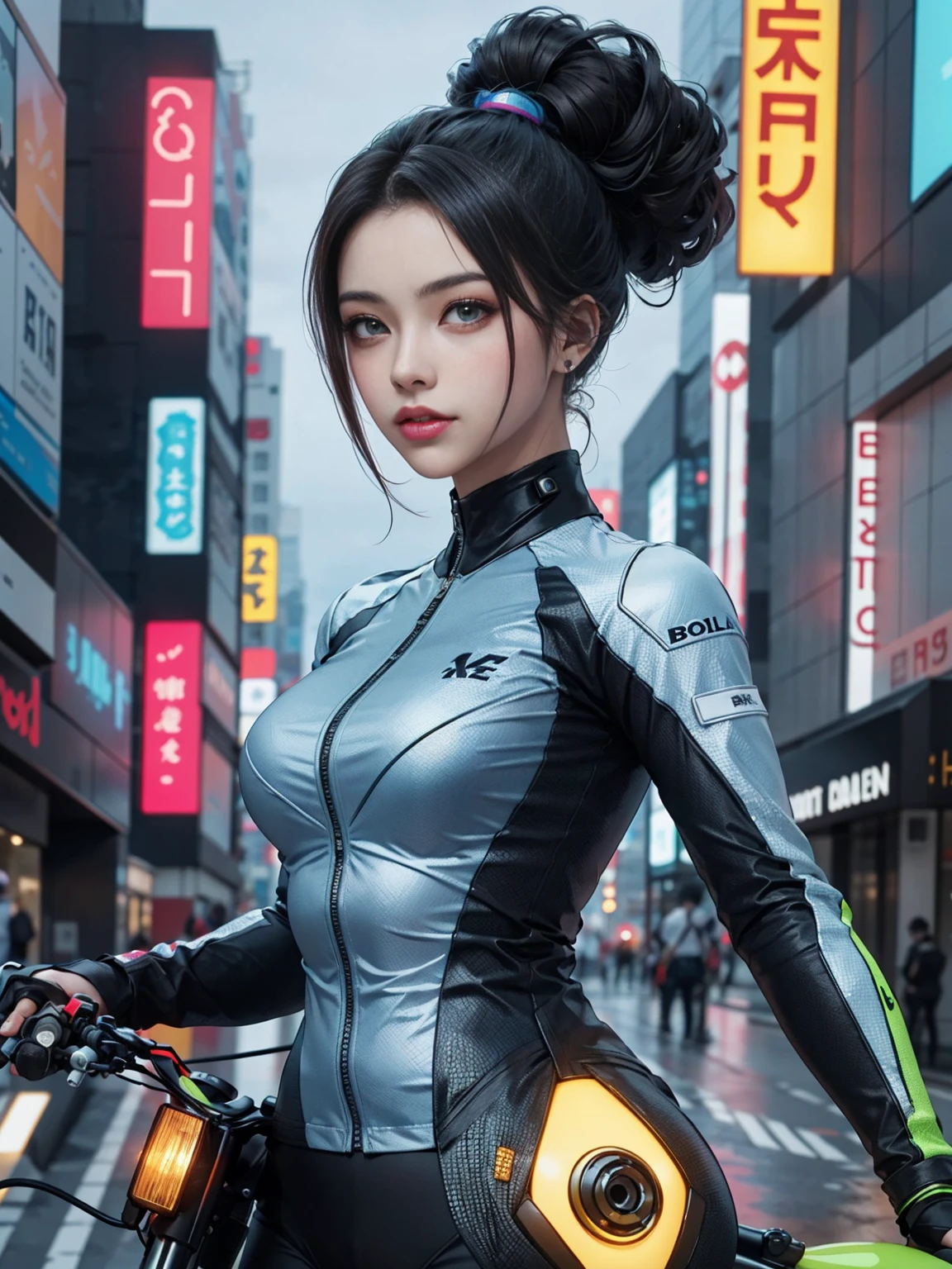 obra de arte, melhor qualidade, Garota cyberpunk confiante, Tiro de corpo inteiro, ((Fique na frente da motocicleta)), Trajes populares no estilo Harajuku, bold colors and patterns, attractive accessories, penteado moderno e inovador, maquiagem vibrante, A deslumbrante paisagem urbana de Cyberpunk, sky scraper, Placas de neon, Luzes LED, esquema de cores vivas e brilhantes, anime peito grande, illustration, textura detalhada da pele, textura detalhada de pano, lindo rosto detalhado, detalhes intrincados, ultra detalhado.