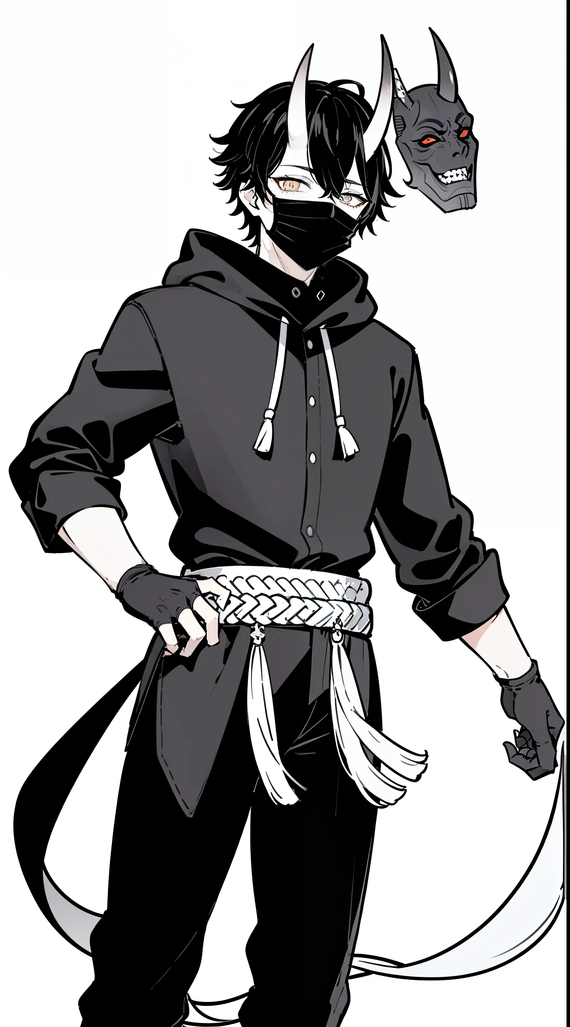 1oni boy,20s,solo,short hair,black hair,oni horns,((black mask)),(black blouse,long sleeves,black pants,black gloves,hooded),cowboy shot,(white background,line drawing),standing,