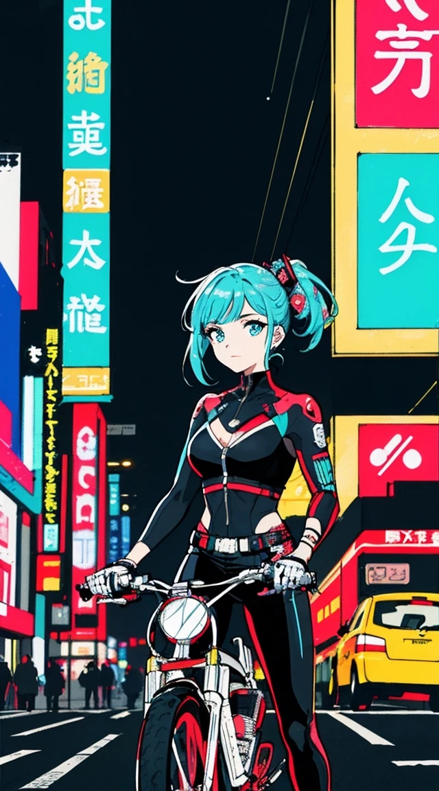 obra de arte, melhor qualidade, 1 garota ciberpunk, Tiro de corpo inteiro, Fique na frente da motocicleta, ver o visualizador, Confident cyberpunk girl with funky expression, Trajes populares no estilo Harajuku, bold colors and patterns, attractive accessories, penteado moderno e inovador, maquiagem vibrante, A deslumbrante paisagem urbana de Cyberpunk, sky scraper, Placas de neon, Luzes LED, esquema de cores vivas e brilhantes, anime, illustration, textura detalhada da pele, textura detalhada de pano, lindo rosto detalhado, detalhes intrincados, ultra detalhado.