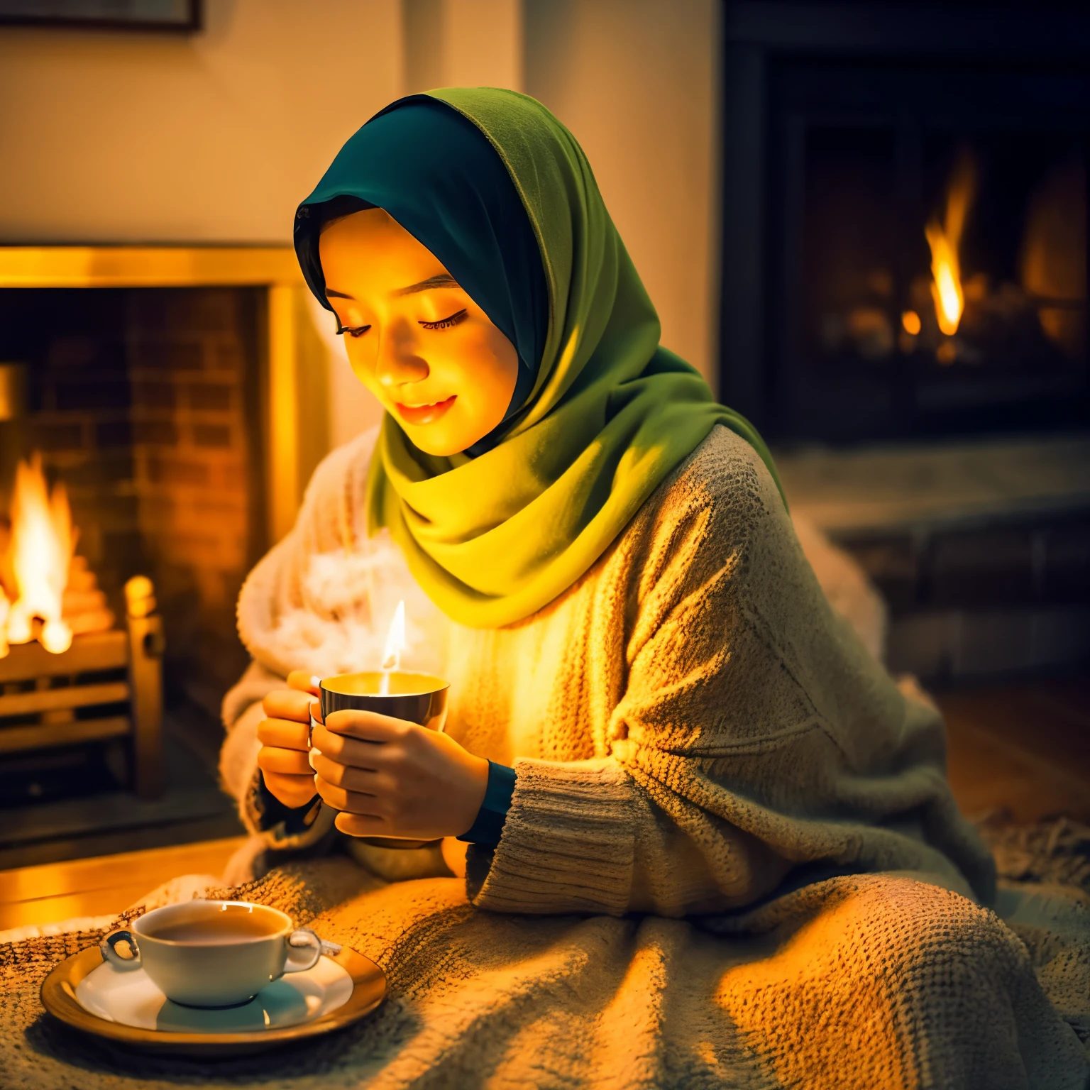 Create an image of an asian girl wearing a hijab, her cat beside her enjoying steamy hot tea, Cozy Light, Warm Hug, Bright Comfort, Soft Light, Calmness of the Fireplace, Warmth of Candlelight, Yellow Lighting, Cozy Brightness, Glowing Snuggle, high quality, high detail , high resolution, backlight, long exposure, photography