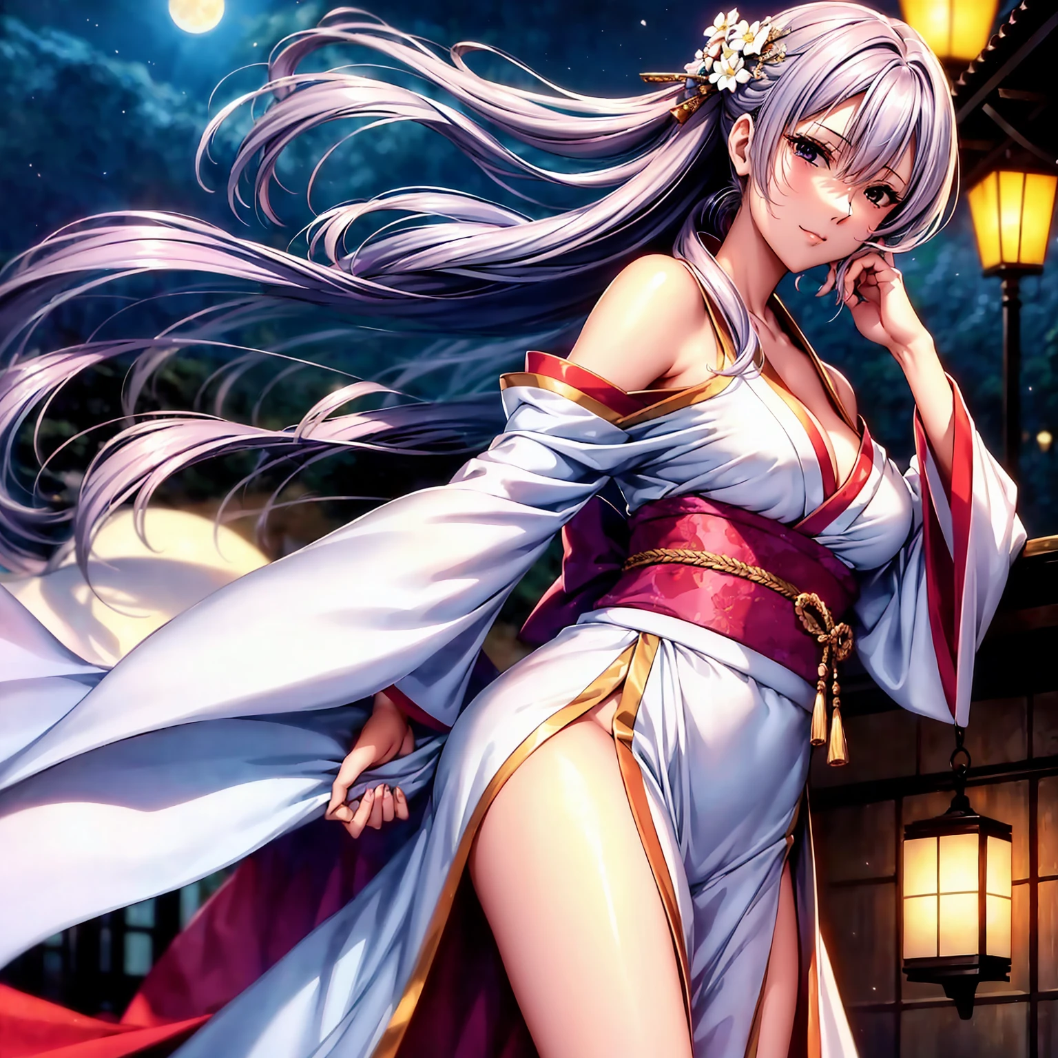 (((highest quality、masterpiece、8K quality,very high resolution)))、((A woman of perfect and ultimate beauty:24-years-old,Yamato Nadeshiko))、beautiful face:smile、beautiful hair:Japan hair ornament、beautiful body:Slender and beautiful breasts、(best skin and hair texture、realistic textured skin、Realistic textured hair)、beautiful Japanese furisode:Japanese pattern and purple,Kimono sleeves and obi are long,outstretched arm,Exposed shoulders from kimono,I can see the cleavage,whole body,I can see my thighs,Hair flutters under the influence of the wind,The sleeves and obi of the kimono flap in the wind..,(Mysterious place,Fantastic night sky and beautiful full moon,lantern light,beautiful scenery)、(bijinga,realistic portrait)、dynamic movement,dynamic angle,dynamic pose,model shoot,Overall image、accurate anatomy、非常にdetailed images、accurate image、perfect image、detailed images、Image without defects、natural soft light、beautiful images、beautiful anime woman, beautiful art style, anime character、(best shot:1.2,RAW photo:1.2)
