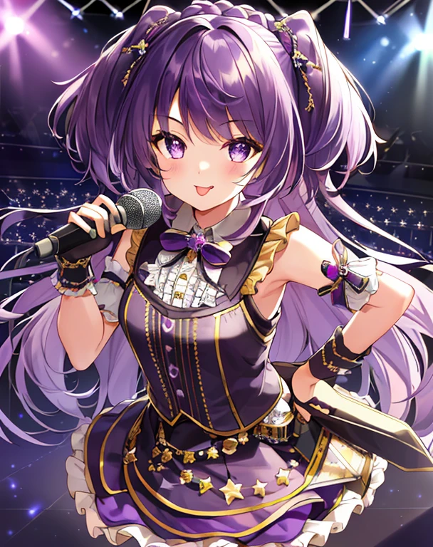 1 girl, whole body, cowboy shot, (rembrandt), figure, (masterPiece), (highest quality), (suPer detail), small details, (dePth of field), Hinoai, gloves, tongue sticking out, tongue, long hair, star \ (symbol\), camera&#39;s line of sight, (PurPle hair: 1.2), PurPle eyes, uPPer body, hair ornaments, :P, frills, Pink shirt, smile, No sleeve, shirt, Idol, symbol eyes, Hand uP, bangs, one side uP, star-shaPed PuPil, arm uP, microPhone in hand, The roaring 20s, isometric, From above, concert, Live venue, Sparkling,