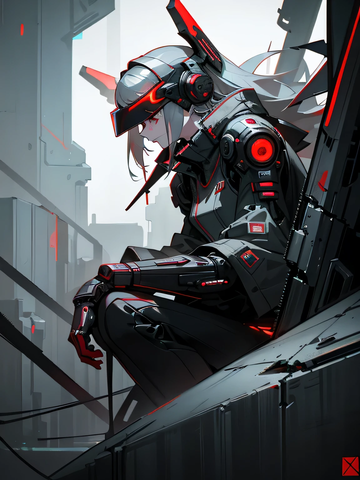 (((dark cyberpunk art))), tall mechanized girl, Hanging in the air, gray hair, red luminous visor, red black gray clothes, red shoulder pads, Dark lighting, (cold light), very detailed art, very detailed background