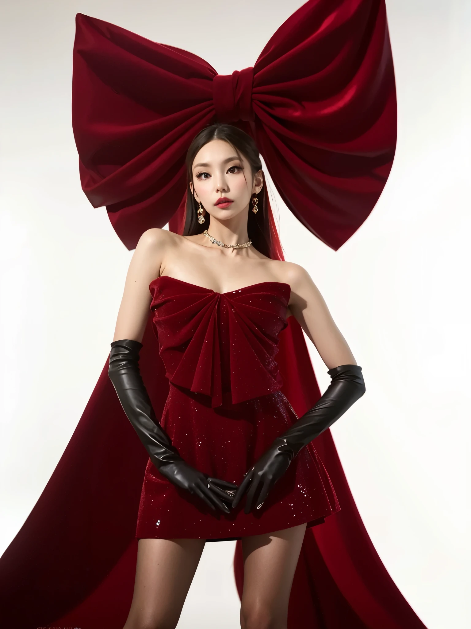 Una mujer con un vestido rojo y guantes negros posando para una foto., dressed in terciopelo rojo, sha xi, terciopelo rojo, Gemma Chan, xianxia de cuerpo completo, fan bing, Obra oficial, Estrella de muerte, Disfraz de obra maestra, usando un vestido rojo, editorial oficial valentino, heonhwa choe, vestido de terciopelo, lulú chen, bella delfina