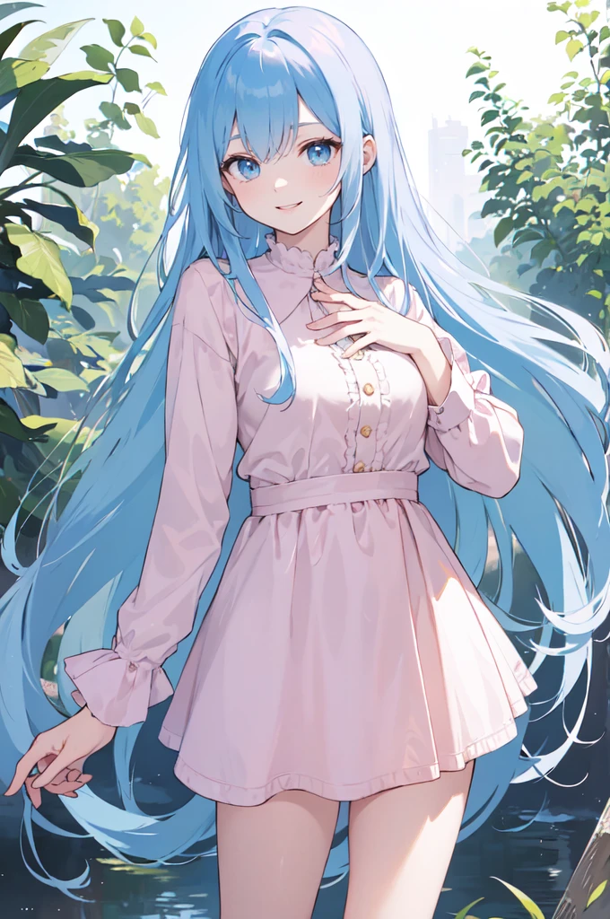 (masterpiece), (best quality), (ultra detailed),(dishevelled hair),(illustration), long hair (straight hair) very straight hair, standing, Fashion model (modern pink outfit), looking at viewer, (interview), (casual background),beautiful blue eyes, delicate beautiful face, ,(high saturation),(colorful splashes),(shining), blue hair (shining), bangs, best lighting, best shadow. smiling. medium breast. neat hairstyle down