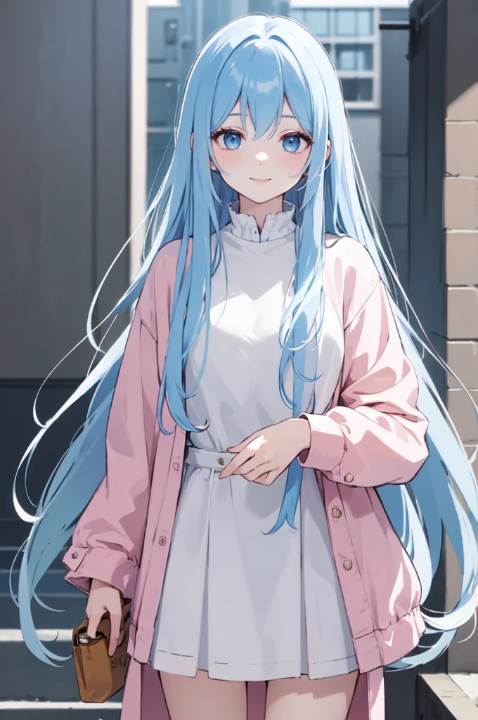 (masterpiece), (best quality), (ultra detailed),(dishevelled hair),(illustration), long hair (straight hair) very straight hair, standing, Fashion model (modern pink outfit), looking at viewer, (interview), (casual background),beautiful blue eyes, delicate beautiful face, ,(high saturation),(colorful splashes),(shining), blue hair (shining), bangs, best lighting, best shadow. smiling. medium breast. neat hairstyle down
