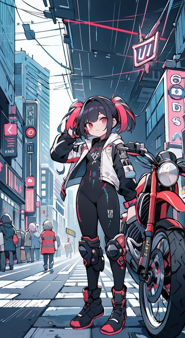 mesa, melhor qualidade, Garota cyberpunk confiante, Tiro de corpo inteiro, ((Fique na frente da motocicleta)), Trajes pop inspirados em Harajuku, bold colors and patterns, attractive accessories, Penteados modernos e inovadores, Maquiagem brilhante, Paisagem urbana deslumbrante cyberpunk, skyscrapers, Placas de neon, Luzes LED, esquema de cores vivas e brilhantes, anime, illustration, textura detalhada da pele, textura detalhada de pano, lindo rosto detalhado, detalhes intrincados, Ultra-detalhado.