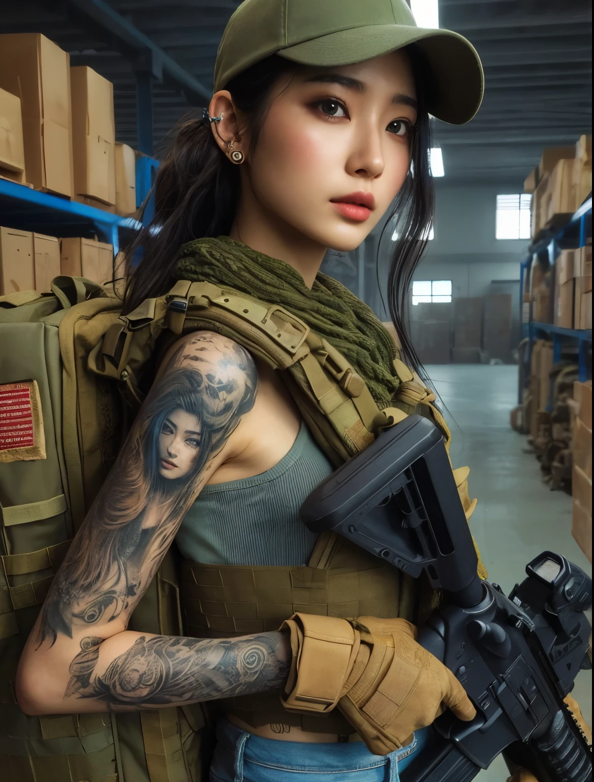 Photoreal、realistic skin texture、beautiful japanese woman、automatic rifle、tattoo