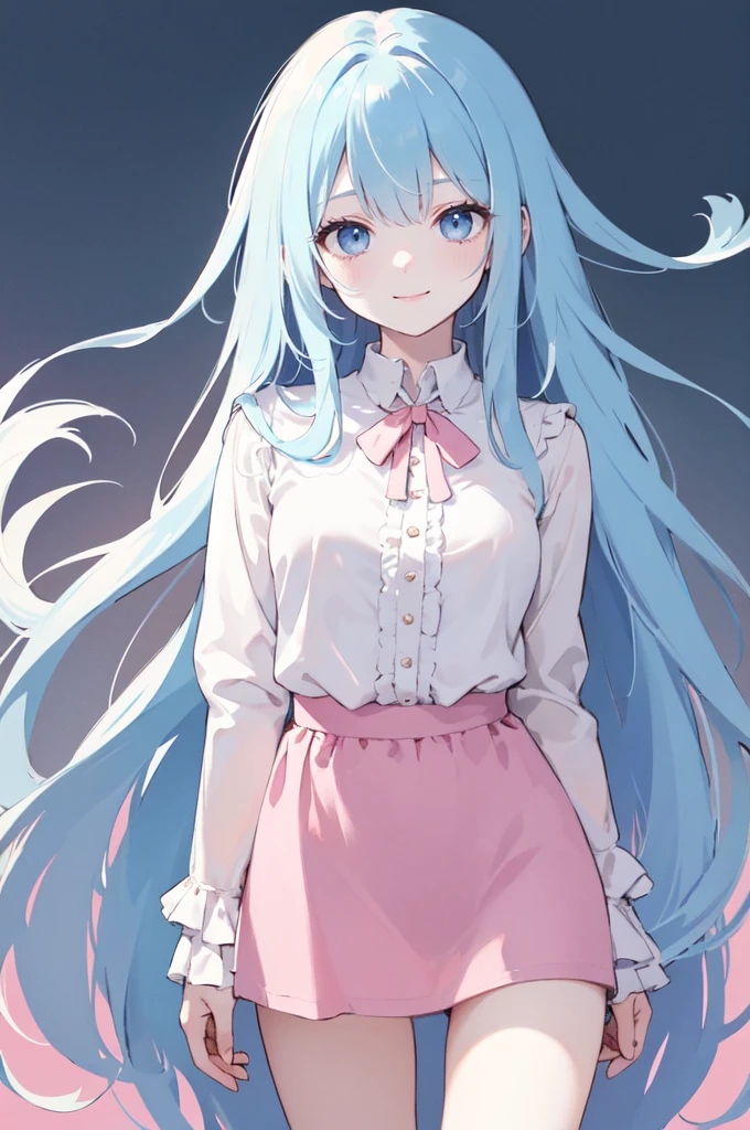 (masterpiece), (best quality), (ultra detailed),(dishevelled hair),(illustration), long hair (straight hair) very straight hair, standing, Fashion model (modern pink outfit), looking at viewer, (interview), (casual background),beautiful blue eyes, delicate beautiful face, ,(high saturation),(colorful splashes),(shining), blue hair (shining), bangs, best lighting, best shadow. smiling. medium breast. neat hairstyle down