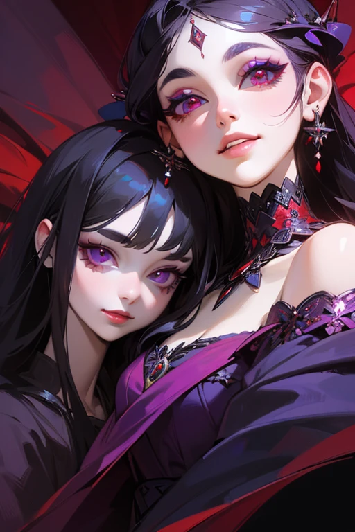 (highest quality, masterpiece:1.2), High resolution, Super detailed, realistic:1.37, fantasy, An illustration, red eyes, Queen, purple dress.Platinum decoration、beautifully、Eyeshadow Red、dark eyebrows、long eyelashes、Pupils are black、Hair is short、smile showing teeth