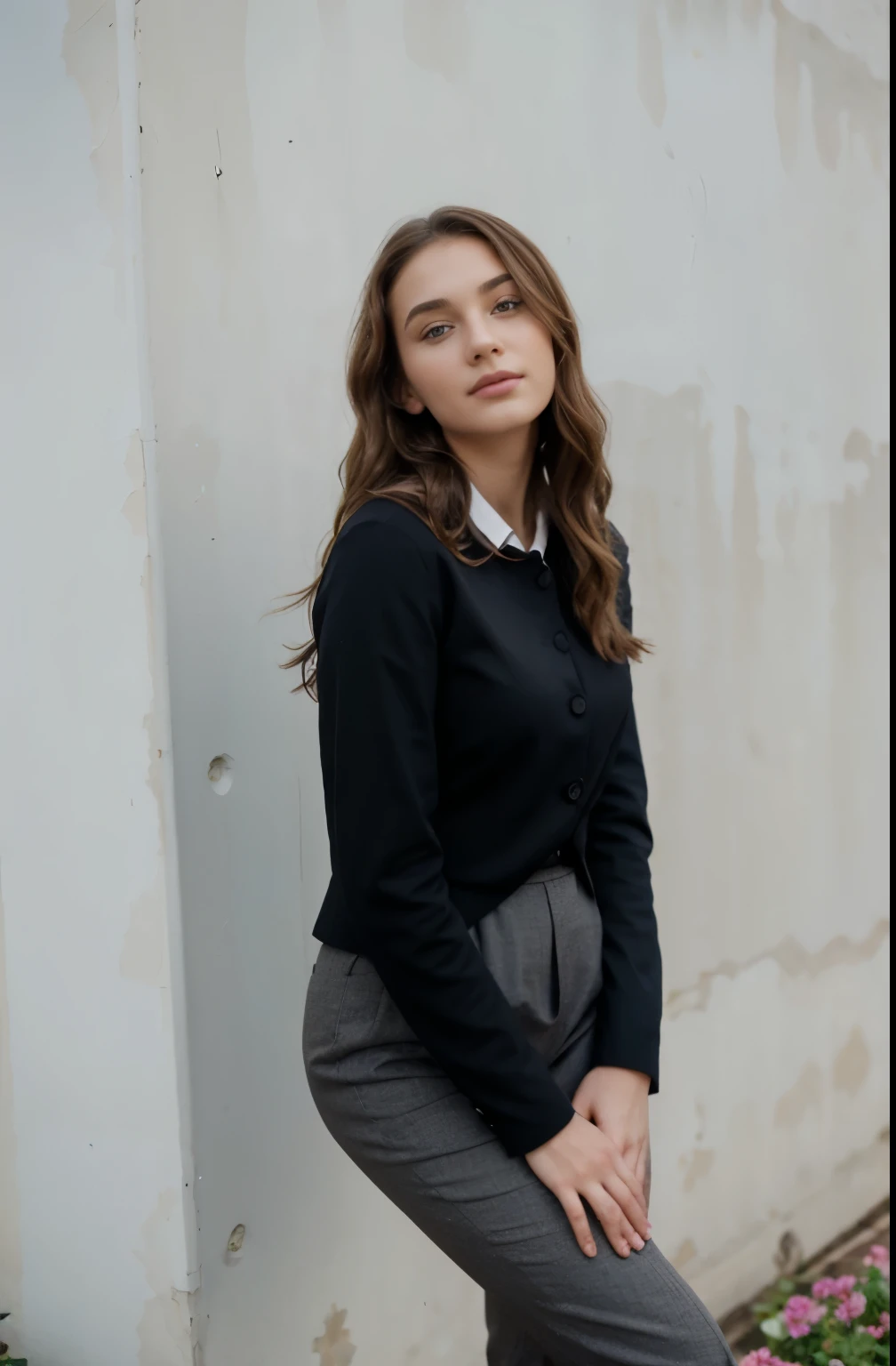 Girl with a model pose. Girl with brown hair with waves. Girl in a red classic suit. Flower garden in the background. реалистик. daylight. Canon