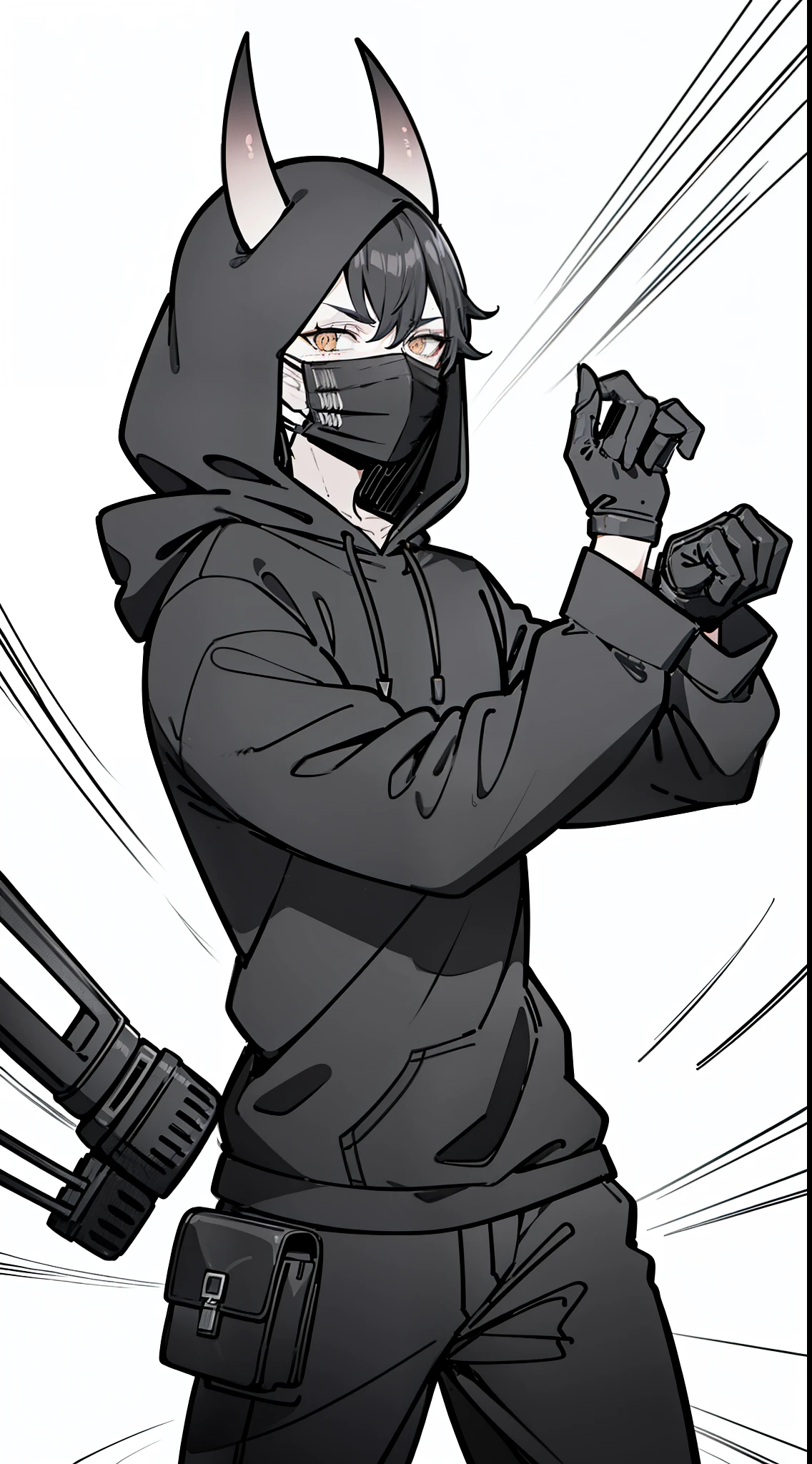 1oni boy,20s,solo,short hair,black hair,oni horns,((black mask)),((black sweatshirt,long sleeves,black pants,black gloves,hooded)))cowboy shot,(white background,line drawing),standing,