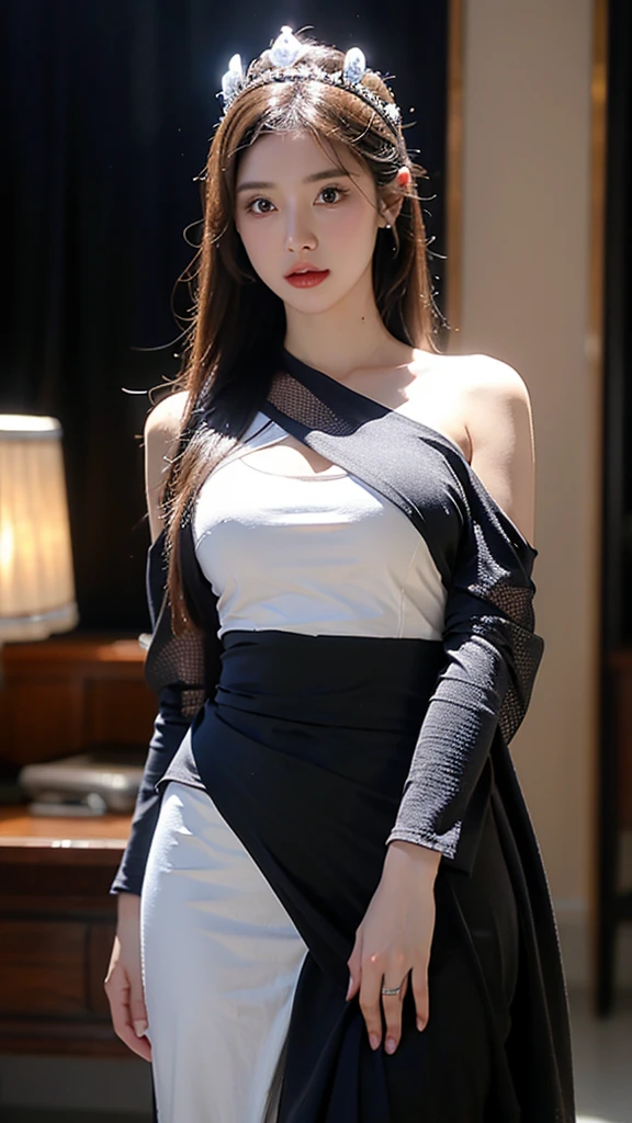 arafed woman in a futuristic suit standing in a room with many metal objects, still frame from prometheus, by Huang Ding, white russian clothes, rendering of beauty pageant, mesh headdress, machine elves, luxury advertisement, shoulders can be seen, cyber patterns, still frame from a movie