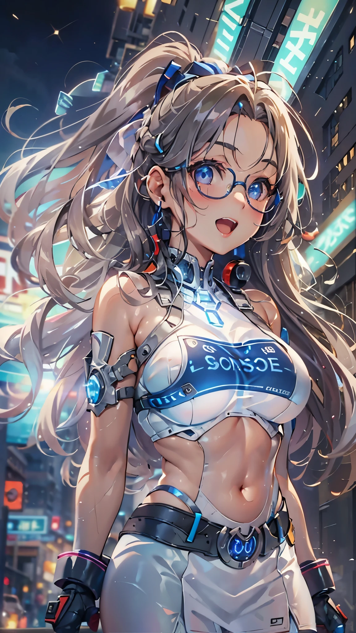 woman,,,city,night,(((white and blue tight miniskirt bodysuit))),,open mouth smile((See-through))glasses,((beautiful long ponytail)),((Baby girl bohape))