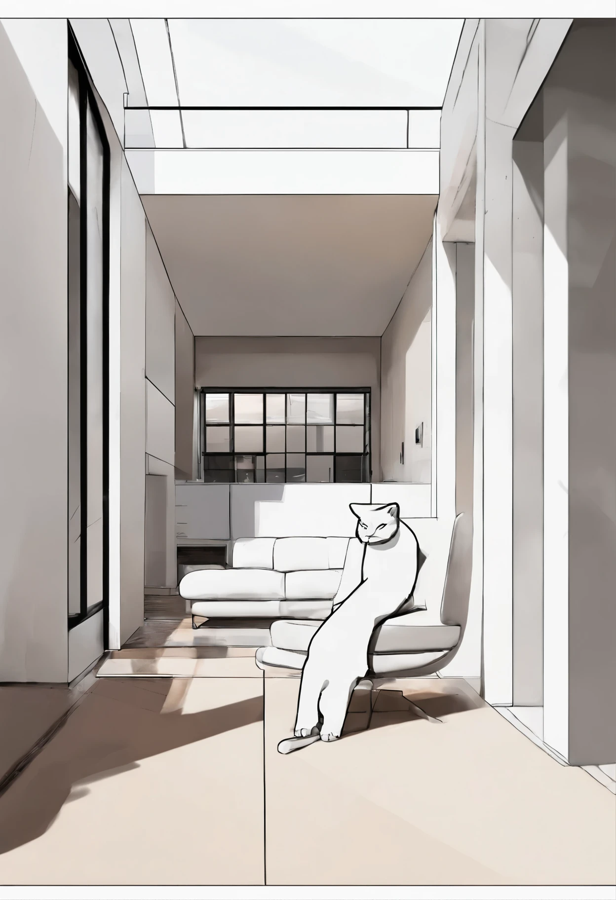 Bauhaus style，living room，A white cat on the ground