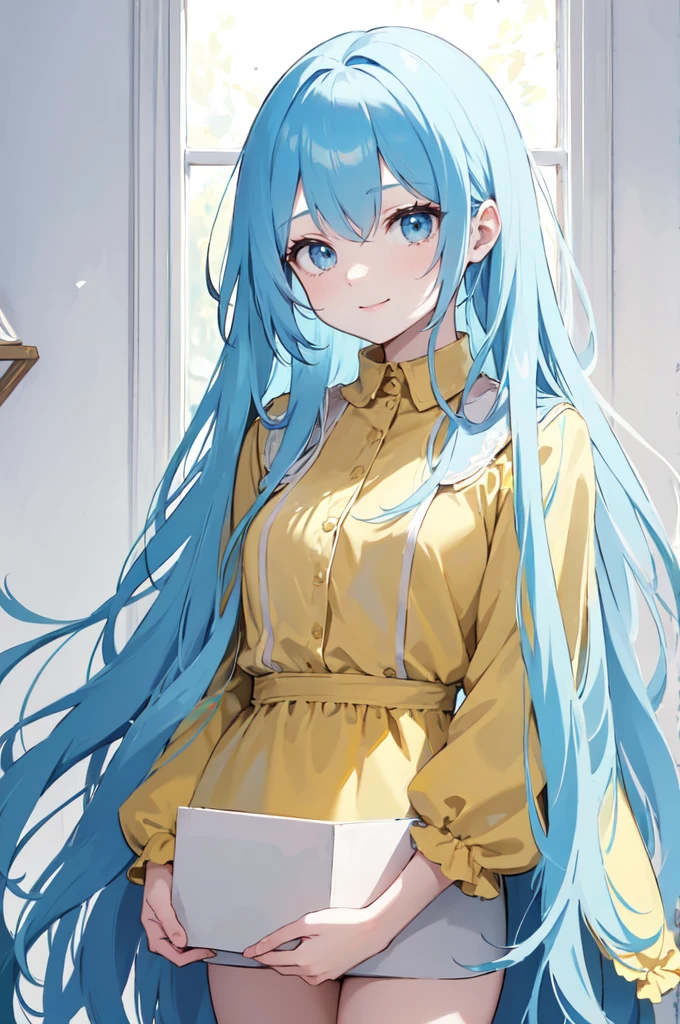 (masterpiece), (best quality), (ultra detailed),(dishevelled hair),(illustration), long hair (straight hair) very straight hair, standing, Fashion model (modern yellow outfit), looking at viewer, (interview), (casual background),beautiful blue eyes, delicate beautiful face, ,(high saturation),(colorful splashes),(shining), blue hair (shining), bangs, best lighting, best shadow. smiling. medium breast. neat hairstyle down