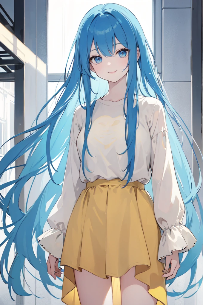 (masterpiece), (best quality), (ultra detailed),(dishevelled hair),(illustration), long hair (straight hair) very straight hair, standing, Fashion model (modern yellow outfit), looking at viewer, (interview), (casual background),beautiful blue eyes, delicate beautiful face, ,(high saturation),(colorful splashes),(shining), blue hair (shining), bangs, best lighting, best shadow. smiling. medium breast. neat hairstyle down